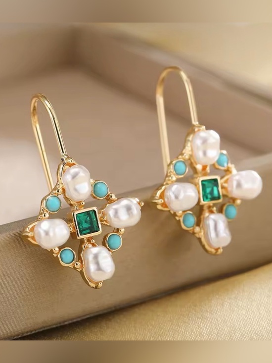 Jewelry - Pearl Look Green Blue Gem Dangle Earrings Gold Tone Vintage Statement Jewelry